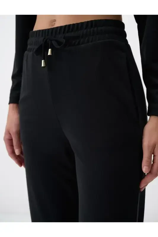 Black Straight Leg Regular Fit High Waisted Knitted Pants - 5