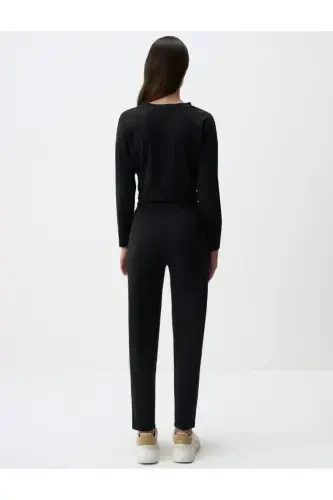 Black Straight Leg Regular Fit High Waisted Knitted Pants - 6