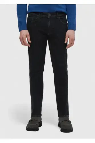 Black Straight Slim Fit Denim Cotton Blend Trousers - 2