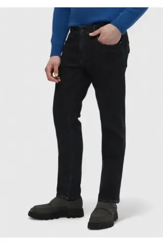 Black Straight Slim Fit Denim Cotton Blend Trousers - 3