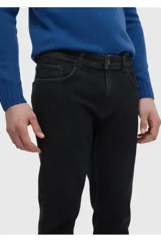 Black Straight Slim Fit Denim Cotton Blend Trousers - 4