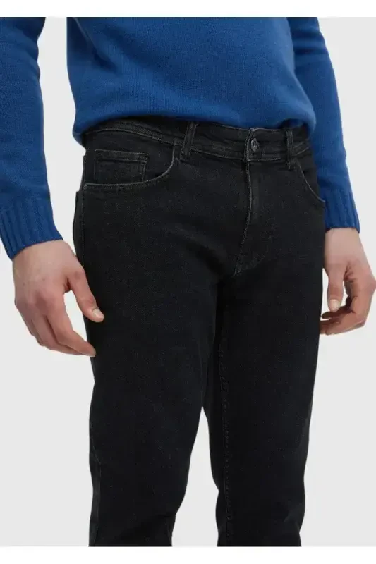 Black Straight Slim Fit Denim Cotton Blend Trousers - 4