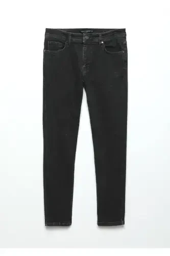 Black Straight Slim Fit Denim Cotton Blend Trousers - 6