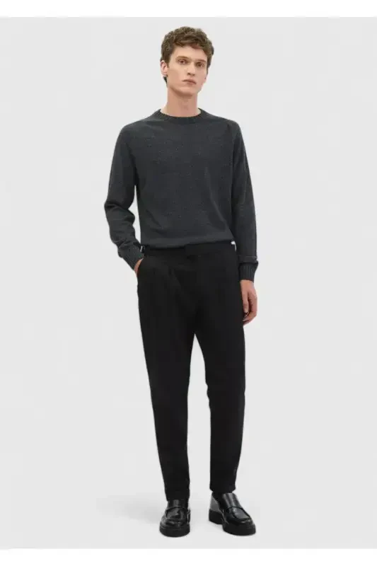 Black Straight Weave Carrot Fit Casual Cotton Blend Trousers - RAMSEY