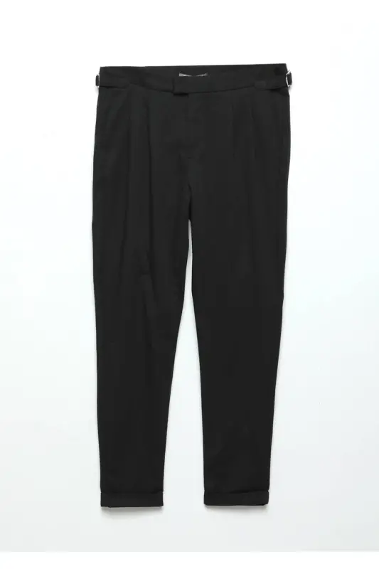 Black Straight Weave Carrot Fit Casual Cotton Blend Trousers - 7