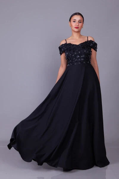 Black Strappy Off-Shoulder Floral Tulle Detail Maxi Length Flared Evening Dress - Modazone