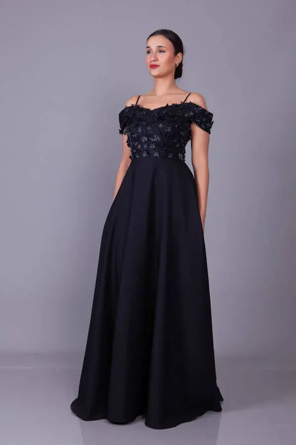 Black Strappy Off-Shoulder Floral Tulle Detail Maxi Length Flared Evening Dress - 4