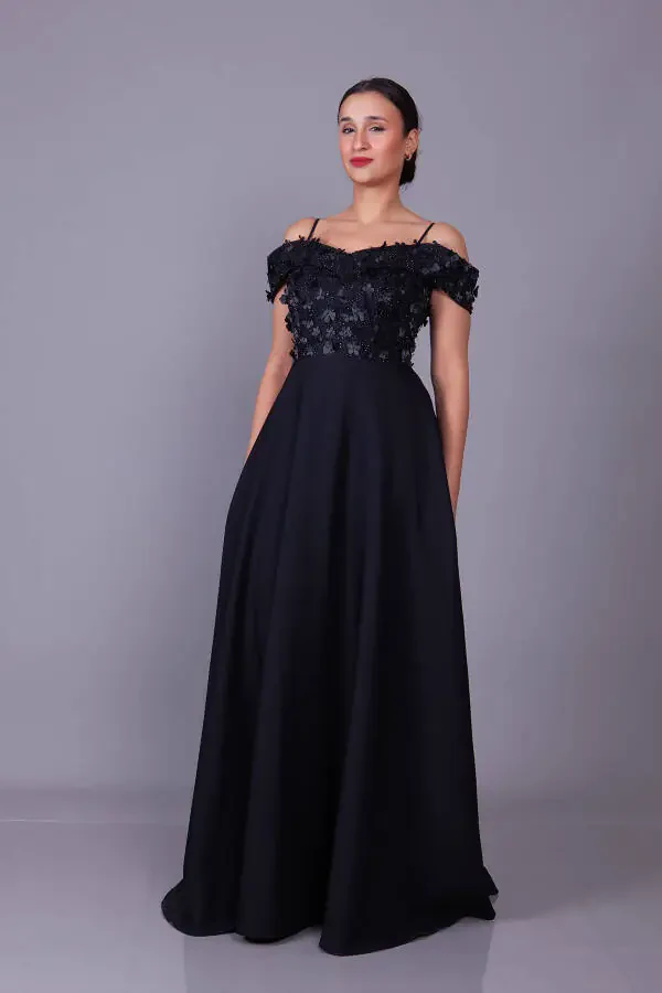Black Strappy Off-Shoulder Floral Tulle Detail Maxi Length Flared Evening Dress - 5