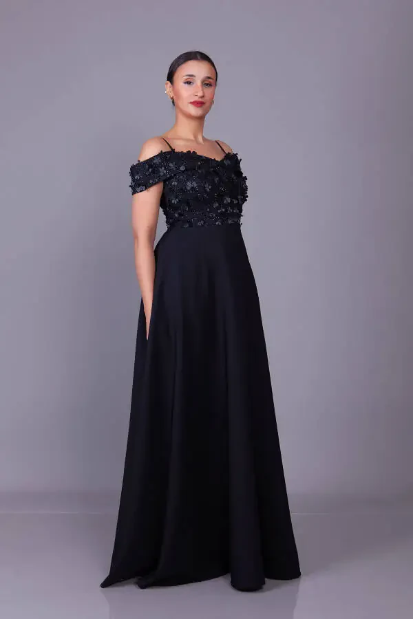 Black Strappy Off-Shoulder Floral Tulle Detail Maxi Length Flared Evening Dress - 7