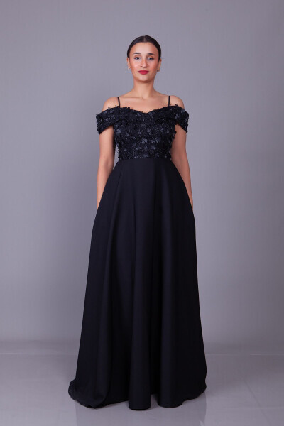 Black Strappy Off-Shoulder Floral Tulle Detail Maxi Length Flared Evening Dress - 12