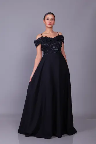 Black Strappy Off-Shoulder Floral Tulle Detail Maxi Length Flared Evening Dress - 4