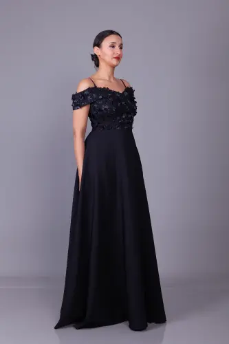 Black Strappy Off-Shoulder Floral Tulle Detail Maxi Length Flared Evening Dress - 8