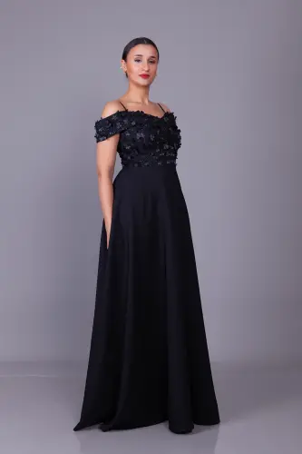 Black Strappy Off-Shoulder Floral Tulle Detail Maxi Length Flared Evening Dress - 9