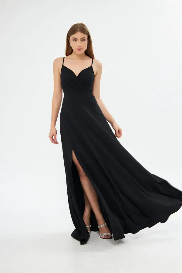 Black Stretch Fabric Strappy Slit Detailed Long Prom And Graduation Dress 698 - 1