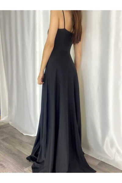 Black Stretch Fabric Strappy Slit Detailed Long Prom And Graduation Dress 698 - 3