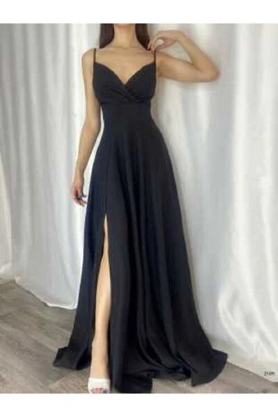 Black Stretch Fabric Strappy Slit Detailed Long Prom And Graduation Dress 698 - 4