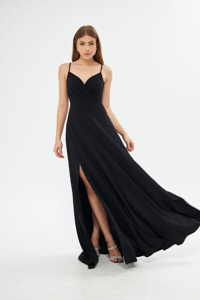Black Stretch Fabric Strappy Slit Detailed Long Prom And Graduation Dress 698 - 9