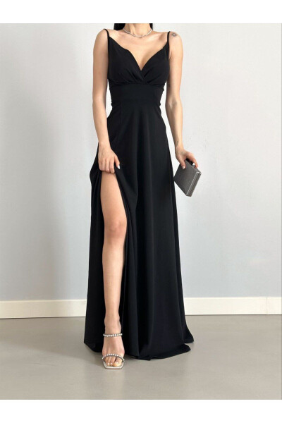 Black Stretch Fabric Strappy Slit Detailed Long Prom And Graduation Dress 698 - 10