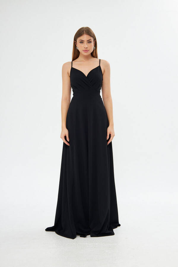 Black Stretch Fabric Strappy Slit Detailed Long Prom And Graduation Dress 698 - 15
