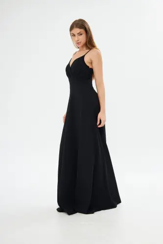 Black Stretch Fabric Strappy Slit Detailed Long Prom And Graduation Dress 698 