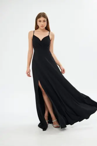 Black Stretch Fabric Strappy Slit Detailed Long Prom And Graduation Dress 698 - 3