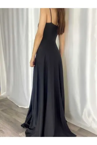 Black Stretch Fabric Strappy Slit Detailed Long Prom And Graduation Dress 698 - 5
