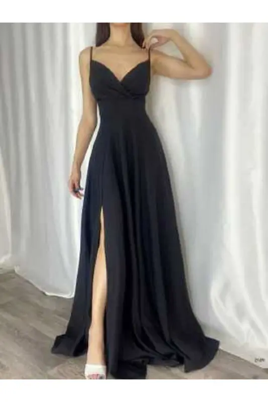 Black Stretch Fabric Strappy Slit Detailed Long Prom And Graduation Dress 698 - 6