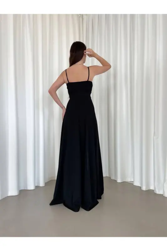 Black Stretch Fabric Strappy Slit Detailed Long Prom And Graduation Dress 698 - 7