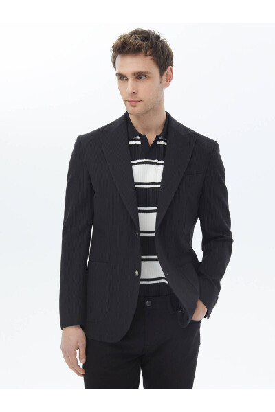 Black Striped Modern Fit Cotton Blend Jacket - 11