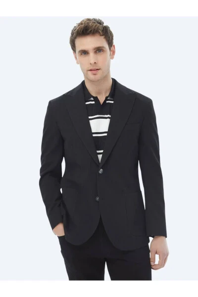 Black Striped Modern Fit Cotton Blend Jacket - Kip