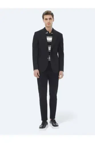 Black Striped Modern Fit Cotton Blend Jacket - KIP (1)