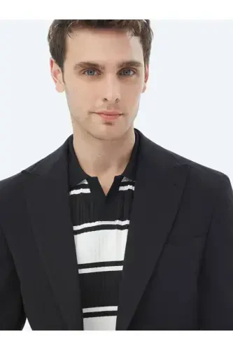 Black Striped Modern Fit Cotton Blend Jacket - 5