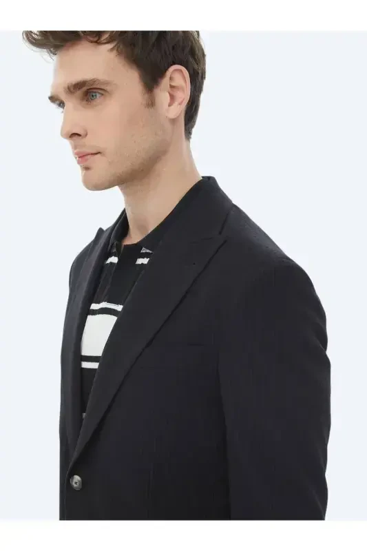 Black Striped Modern Fit Cotton Blend Jacket - 7