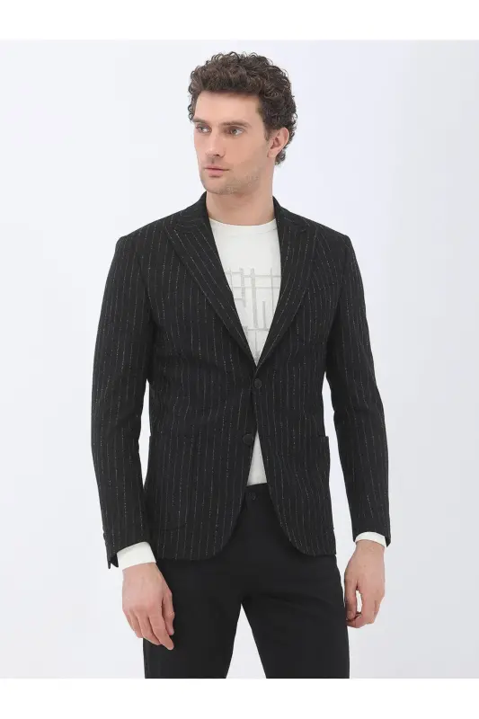 Black Striped Modern Fit Jacket - 1