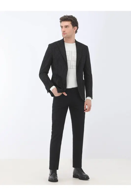 Black Striped Modern Fit Jacket - 2