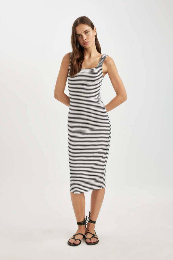 Black Striped Ribbed Corset Sleeveless Midi Dress with Square Neck - 1