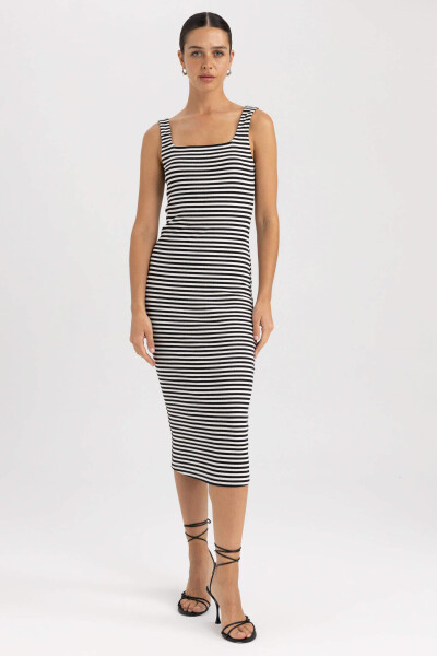 Black Striped Ribbed Corset Sleeveless Midi Dress with Square Neck - 8