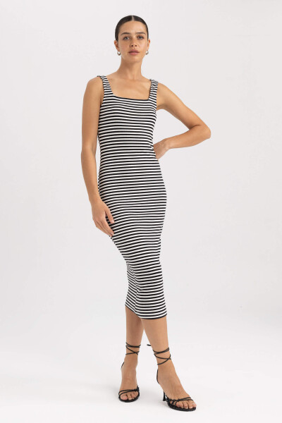 Black Striped Ribbed Corset Sleeveless Midi Dress with Square Neck - 9