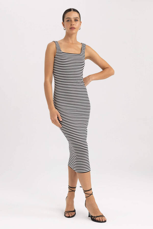 Black Striped Ribbed Corset Sleeveless Midi Dress with Square Neck - 9