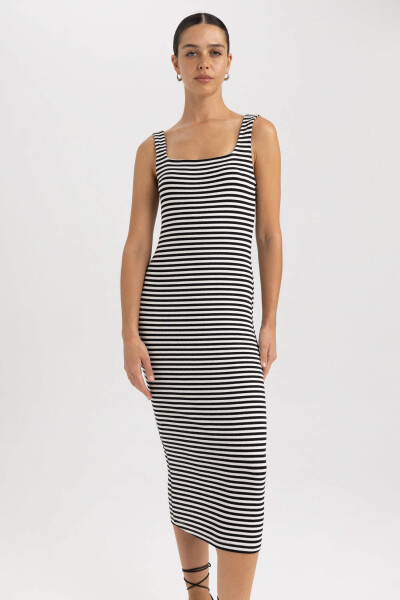 Black Striped Ribbed Corset Sleeveless Midi Dress with Square Neck - 10