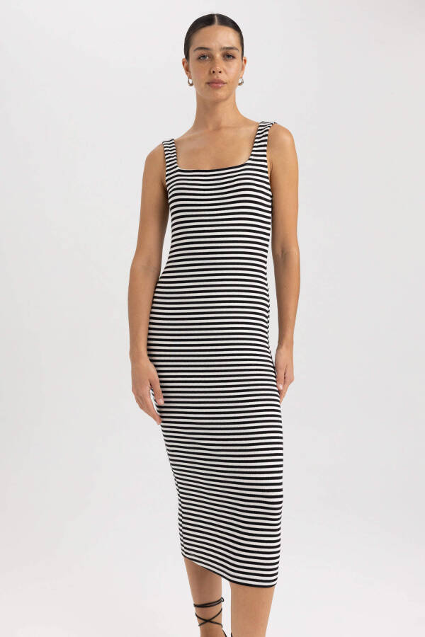 Black Striped Ribbed Corset Sleeveless Midi Dress with Square Neck - 10