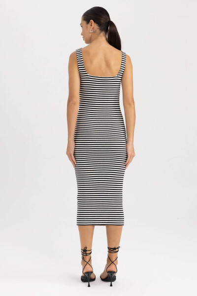 Black Striped Ribbed Corset Sleeveless Midi Dress with Square Neck - 13