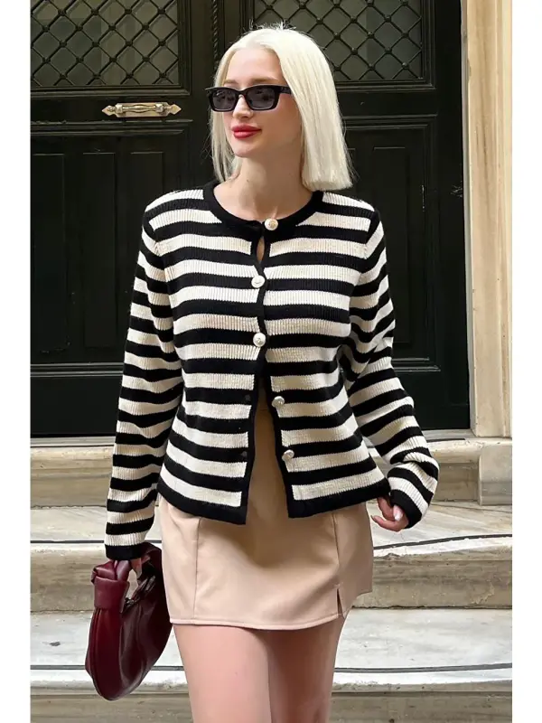 Black Striped Turtleneck Gold Button Detailed Cotton Cardigan Mg1605-Black - 3