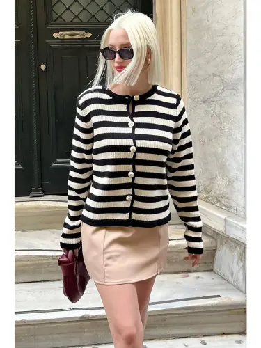 Black Striped Turtleneck Gold Button Detailed Cotton Cardigan Mg1605-Black - 4