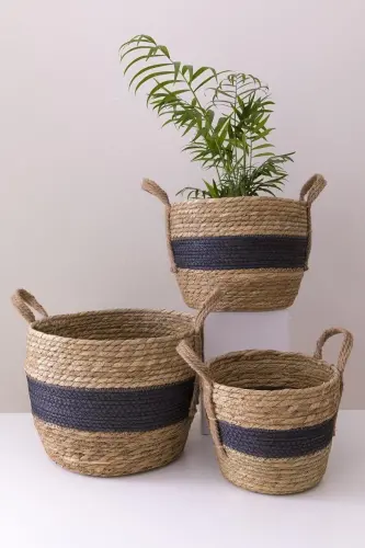 Black Striped Wicker Basket 3 Size Lux Organizer, Plant Pot Basket, Decorative Basket, Home Decor-Black - CHERRY COLLECTION (1)