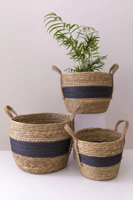 Black Striped Wicker Basket 3 Size Lux Organizer, Plant Pot Basket, Decorative Basket, Home Decor-Black - 2