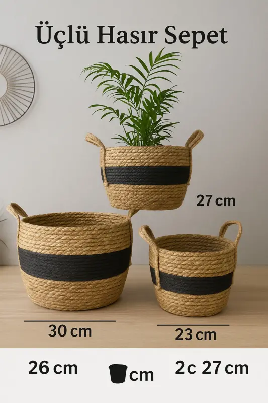 Black Striped Wicker Basket 3 Size Lux Organizer, Plant Pot Basket, Decorative Basket, Home Decor-Black - 3