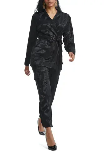Black Suit with Shiny Patterned Belt and Asymmetrical Jacket 38849 - 1