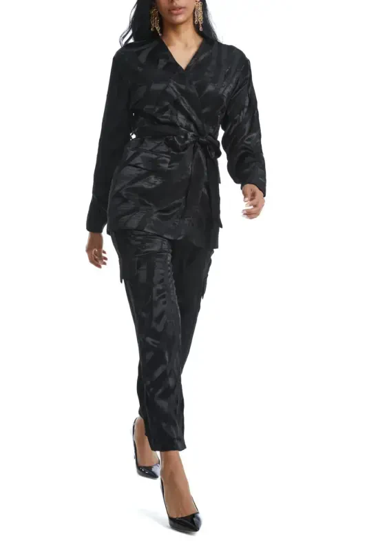 Black Suit with Shiny Patterned Belt and Asymmetrical Jacket 38849 - 1