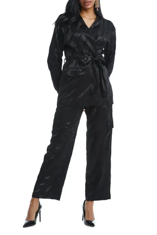 Black Suit with Shiny Patterned Belt and Asymmetrical Jacket 38849 - 3